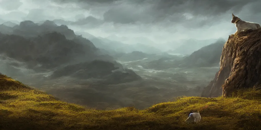 Image similar to breathtaking detailed concept art painting of a lone dog on the top of a hill overlooking a small town, by hsiao - ron cheng, extremely moody lighting, 8 k