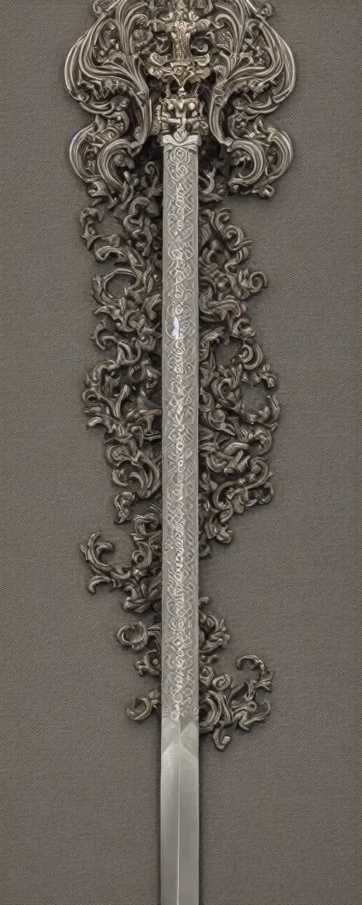 Prompt: sword of justice hanging on a wall, ornate gem in pommel, engraved blade, serrated point, herringbone floor, low angle, museum display, steve argyle
