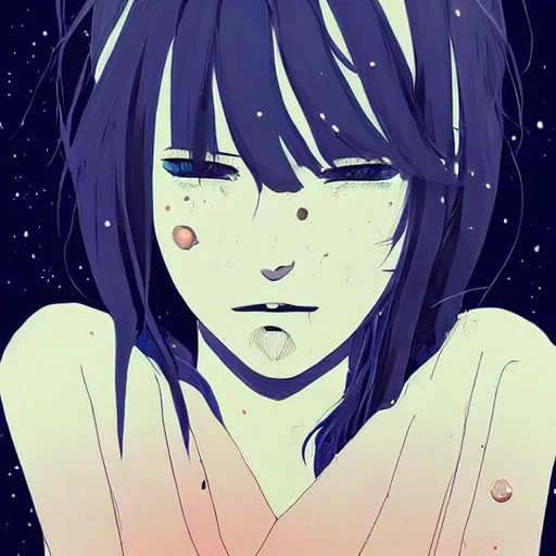 Prompt: woman crying, outside, night sky, anime style, by Conrad Roset, digital art, trending on artstation