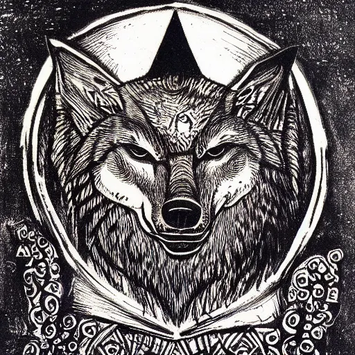 Image similar to wolf with three heads iconography old occult runes intaglio etching engraving alchemy ink witchcraft