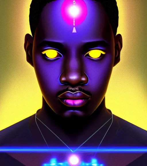 Image similar to symmetry!! african prince of technology, solid cube of light, hard edges, product render retro - futuristic poster scifi, lasers and neon circuits, dark skin man african prince, intricate, elegant, highly detailed, digital painting, artstation, concept art, smooth, sharp focus, illustration, dreamlike, art by artgerm