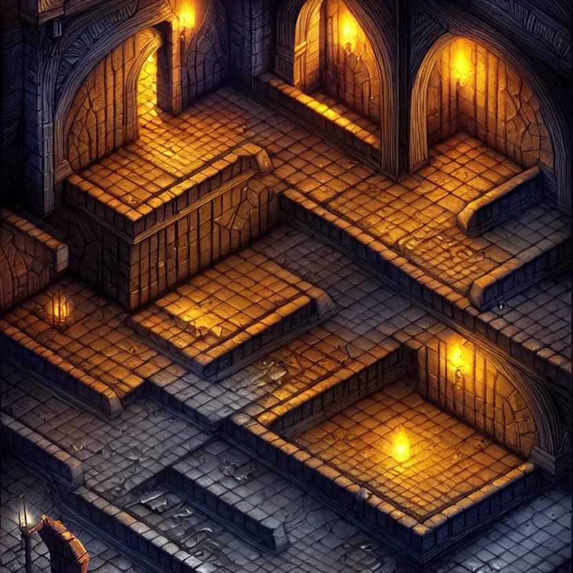 Prompt: isometric game area of a dark city from baldur's gate, game art, intricate details, ultra realistic, by art germ, by gerald brom, fantasypunk, amazing d & d art, trending cgsociety, artstation, sharp