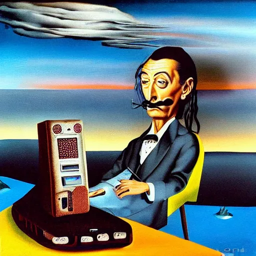 Image similar to a surreal painting of Salvador Dalí using a vintage computer in a vast surreal landscape by Salvador Dalí