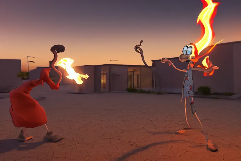 Image similar to squidward firebending outside at susnset, 3 d render