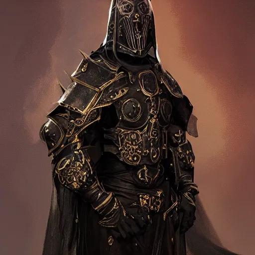 Prompt: dark priest, wearing carved latex armour and transparent black veil, the nine rings of hell, subtle dark gold accents, frontal view, black rococo, emil melmoth, zdzislaw belsinki, craig mullins, artstation