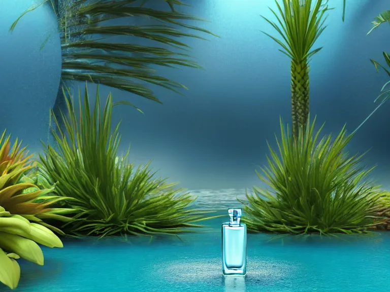 Image similar to perfume bottle standing in a desert oasis in deep blue pond water surrounded by tropical flowers by zaha hadid ; octane highly render, 4 k, ultra hd, 2 0 0 mm, mute dramatic colours, soft blur outdoor stormy sea background, illuminated lighting