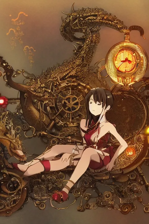 Prompt: anime style illustration, old sick gold and crimsoned scaled asian dragon on a steam punk couch with wires and gears and steam punk apparatus, artstation, matte painting, style of studio ghibli, featured in artstation and artgerm and pixiv, award winning, cinematic, elegant, intricate, 8 k