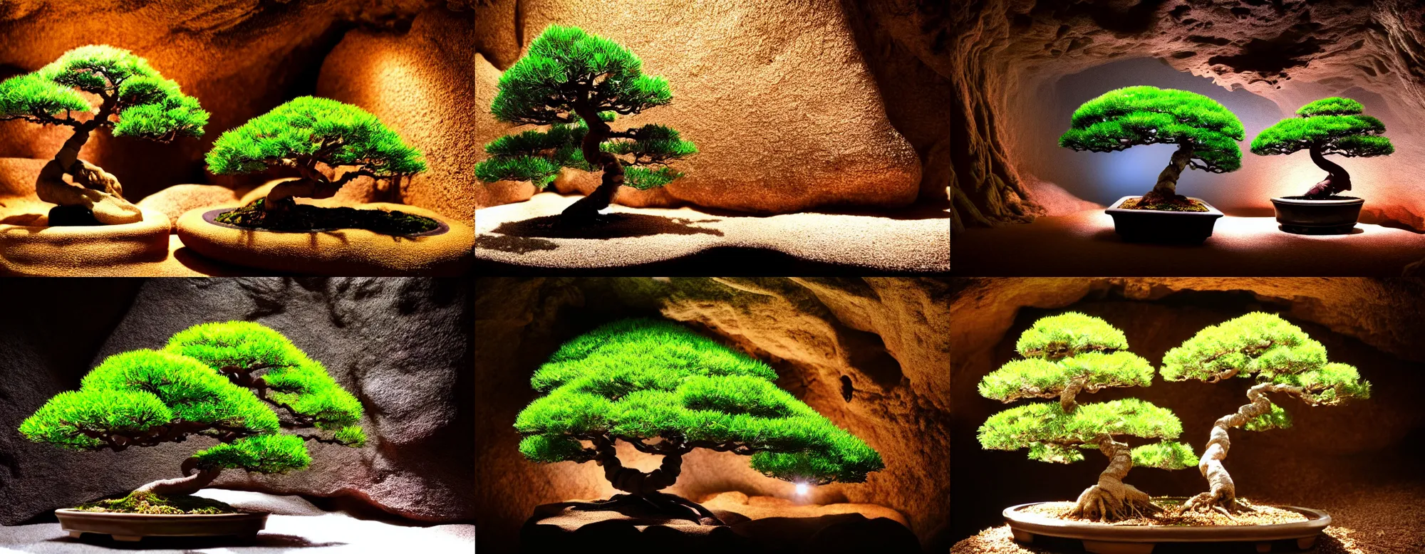 Prompt: shimmering bonsai tree hidden in a cave, cinematic lighting, beautiful, 4 k