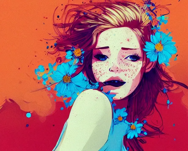 Prompt: pale young woman with bright blonde hair, freckles, blue eyes and a wide face, flowery dress, she is holding a professional dslr camera close to her face, dramatic lighting, bright flare, surreal art by conrad roset