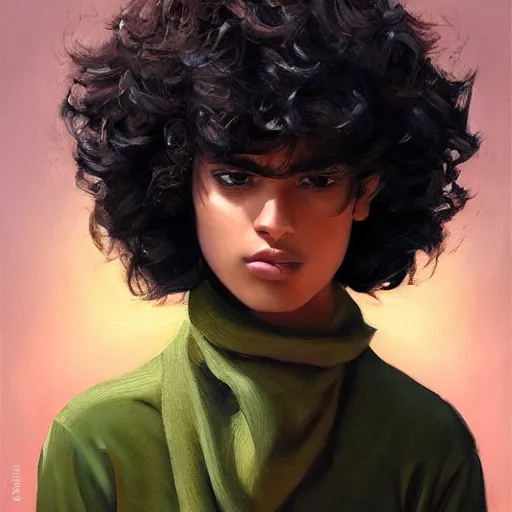 Prompt: oil painting by ilya kuvshinov, baugh casey, rhads, coby whitmore, of a youthful persian - indian college student, olive skin, high cheekbones, handsome, curly black hair, outdoors, highly detailed, breathtaking face, studio photography, dawn, intense subsurface scattering, blush, supple look, innocence, intense sunlight