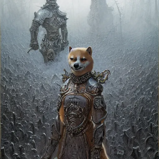 Image similar to armor made of bones, anthropomorphic shiba inu, metalic, stuning 3 d render, masterpiece, glowing black aura, foggy dark graveyard, by donato giancola and greg rutkowski and wayne barlow and zdzisław beksinski, realistic face