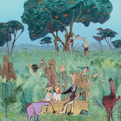 Prompt: quentin blake, james jean illustration of a safari at sunset