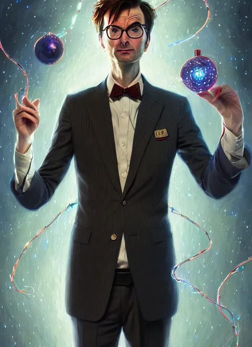 Image similar to portrait of david tennant as the tenth doctor from doctor who wearing a party hat, intricate, elegant, glowing lights, highly detailed, digital painting, artstation, concept art, smooth, sharp focus, illustration, art by wlop, mars ravelo and greg rutkowski