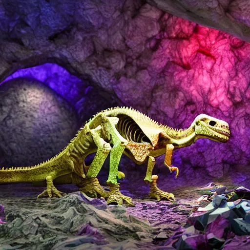 Image similar to photorealistic dinosaur skeleton inside a beautiful geode of colored crystals, volumetric lighting