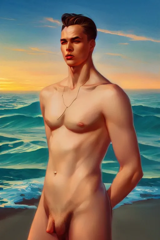 Prompt: attractive man at the sea, sunset, painting by ross tran, j. c. leyendecker, tom of finland, trending on artstation