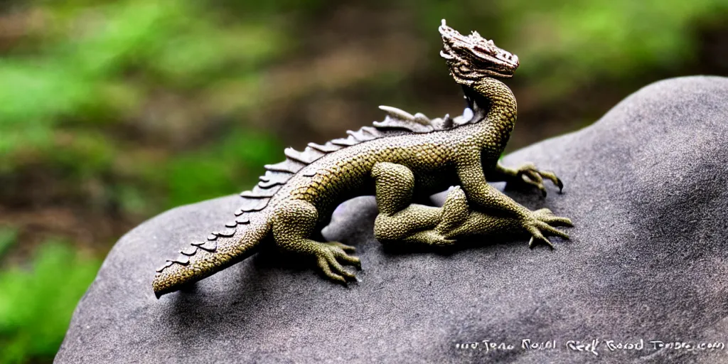 Image similar to A small dragon sitting on a rock, woodland creek, realistic.