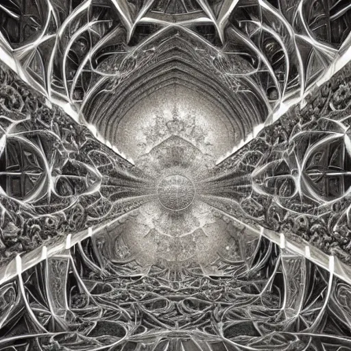 Image similar to a hyperrealistic 3 d painting of a huge sprawling fractal cathedral interior populated by mandelbrot fractals by android jones, unreal engine, carved stone, carved soap, white color scheme, volumetric lighting, octane render, dramatic lighting, glowing, carved marble, opalescent, sacred geometry, religious, angelic, catholicpunk, stark, 8 k, ultra detailed