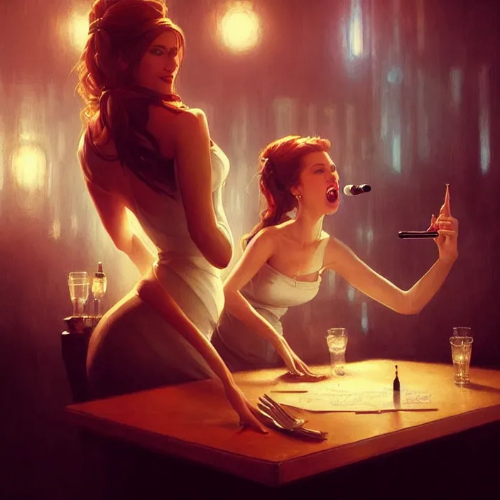 Image similar to waitress singing on a table in a nightclub, elegant, real life skin, intricate artwork, high detailed, artstation, concept art, smooth, sharp focus, art by artgerm and greg rutkowski