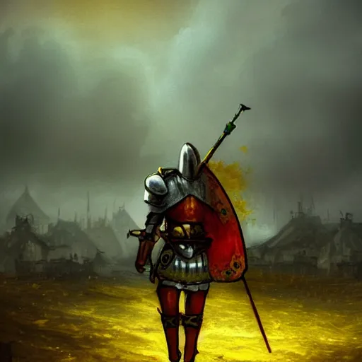 Prompt: A knight travelling through a desolate village as a sickly yellow light bleeds through the clouds,