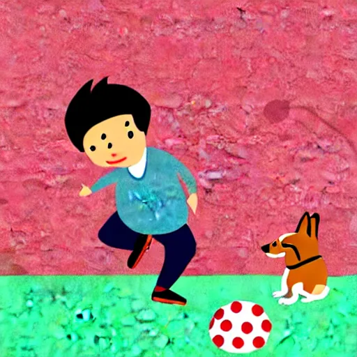 Image similar to illustration of boy playing football with a corgi wearing a polkadot scarf on the streets of paris