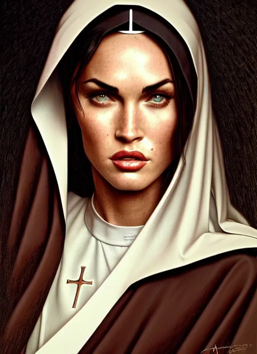 Image similar to portrait of megan fox as a nun, catholic, church, bible, christian, intricate, headshot, highly detailed, digital painting, artstation, concept art, sharp focus, cinematic lighting, illustration, art by artgerm and greg rutkowski, alphonse mucha, cgsociety