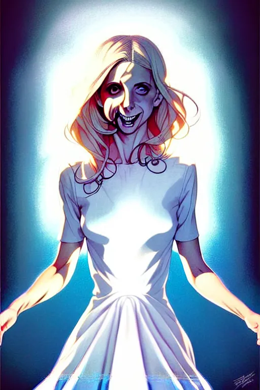 Image similar to artgerm, joshua middleton comic cover art, pretty ghost sarah michelle gellar entire full body, floating, creepy smile, white dress, friendly, translucent, symmetrical eyes, symmetrical face, long white hair, inside haunted house