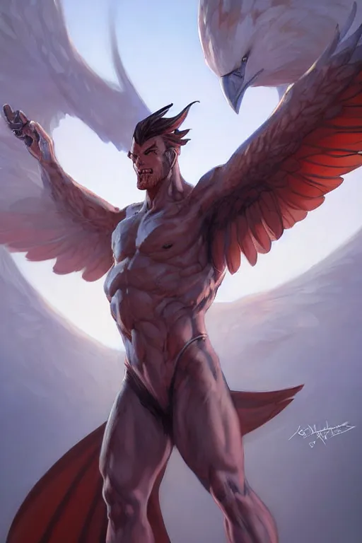 Image similar to character art by wlop, steve henderson, and j scott campbell, gooseman, male hero, goose head, wings, 4 k, arstation, trending, high quality, very detailed, digital