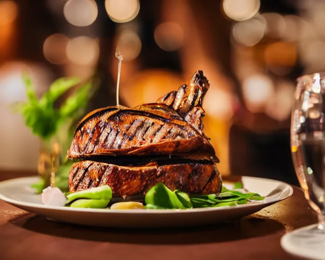 Prompt: 8 5 mm food photography of large grilled eyes at a restaurant with dof and bokeh and wine glasses out of focus in the background. highly detailed 8 k. intricate. lifelike. soft diffused light. nikon d 8 5 0.
