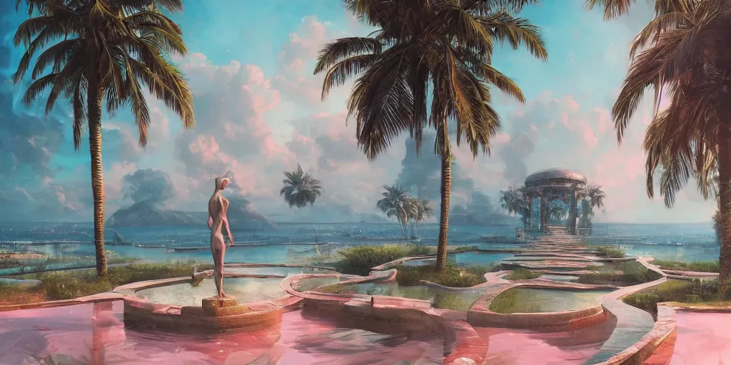 Image similar to artgem and greg rutkowski masterpiece, hyperrealistic surrealism, award winning masterpiece with incredible details, epic stunning, infinity pool, a surreal vaporwave liminal space, highly detailed, trending on ArtStation, calming, meditative, pink arches, palm trees, very vaporwave, very very surreal, sharp details, dreamscape, giant head statue ruins