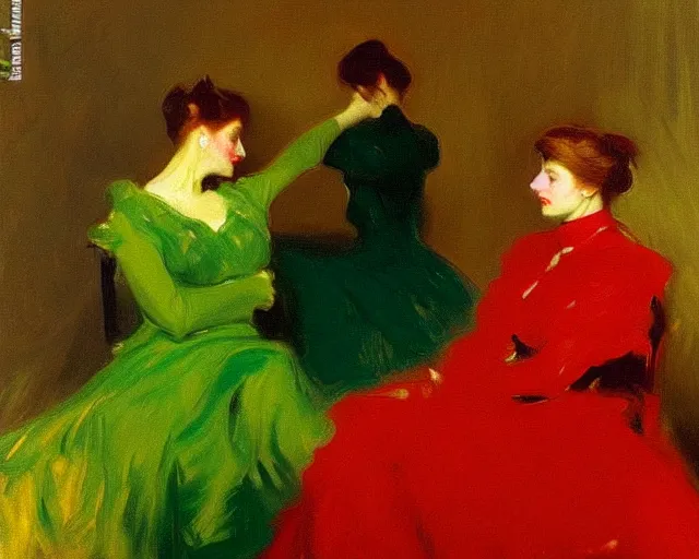 Prompt: a green, red, and gold painting by John Singer Sargent
