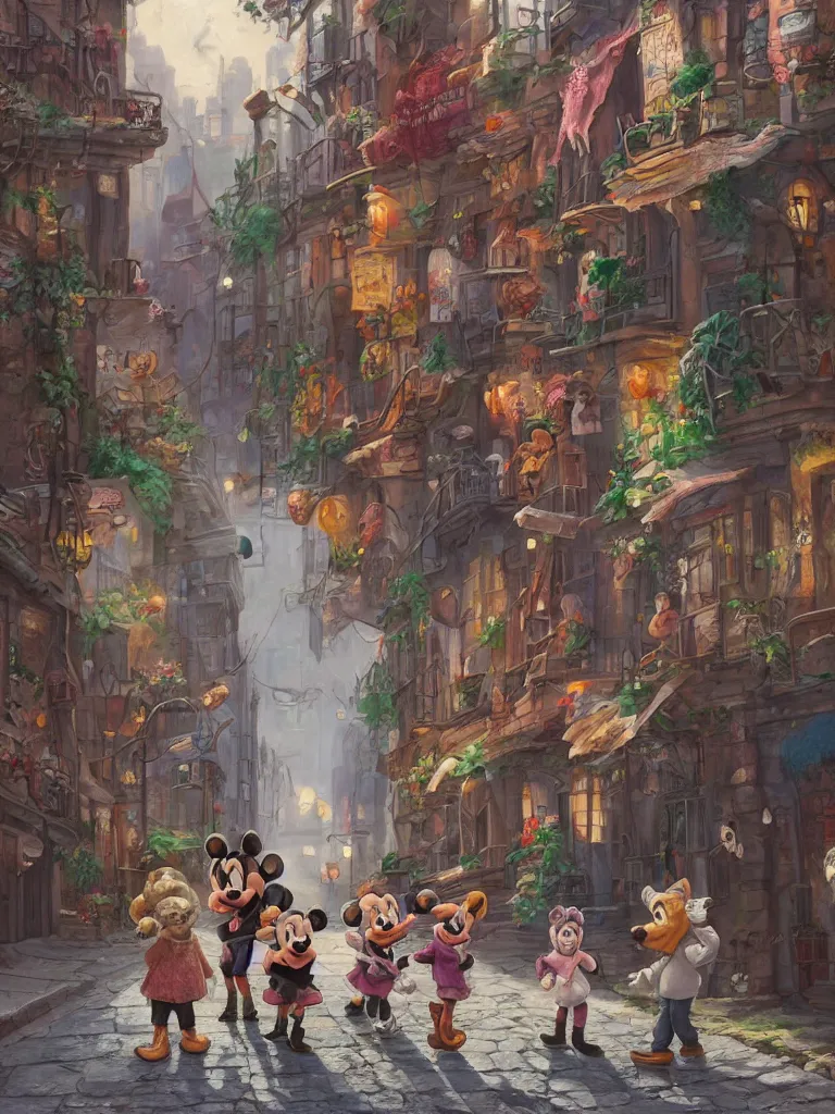 Image similar to three kids on the bottom center of the frame wearing vintage animal masks, standing in the middle of a cobble stone street in brooklyn, the lighting is godly and soft, whimsical, disney concept art style