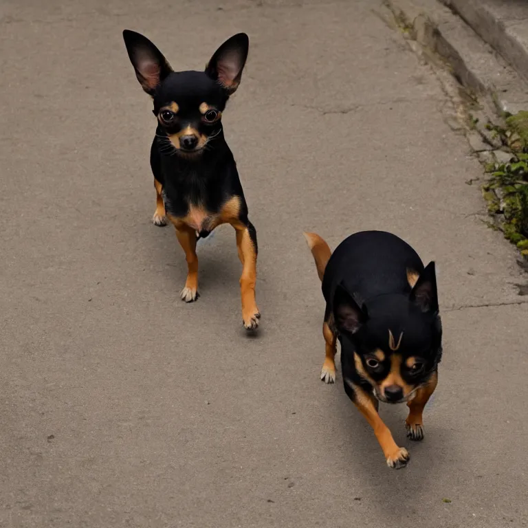 Image similar to anime visual of a black and tan chihuahua walking down an alley ; by kehinde wiley ; official media, cinematic lighting, high quality, trending on artstation