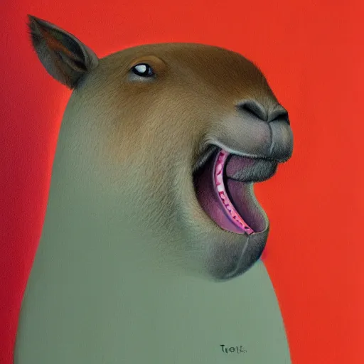 Image similar to abstract art of a well dressed capybara, profile view, wearing a suit laughing showing big teeth, in the style of tracie grimwood