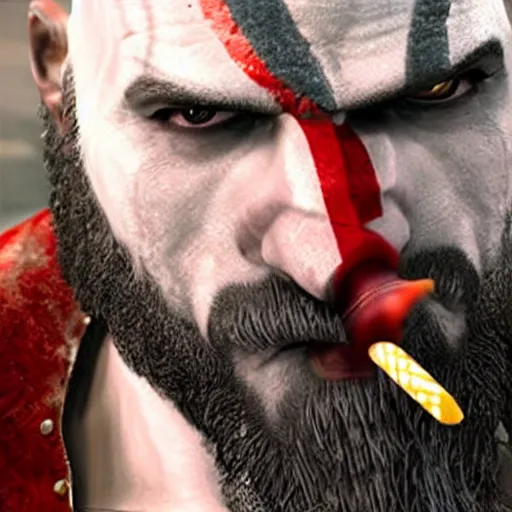 Image similar to kratos the god of war licking a lollipop