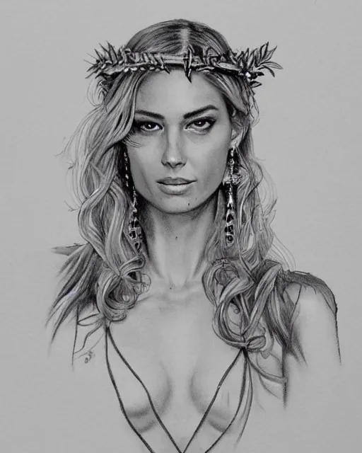 Image similar to realism tattoo sketch of jessica hart as a beautiful greek goddess aphrodite with piercing eyes wearing a laurel wreath and triangle earrings, in the style of greg rutkowski, amazing detail