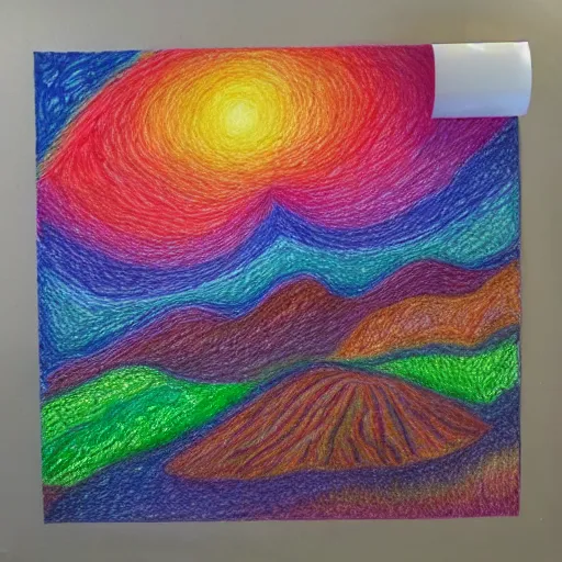 Image similar to Intricate five star rainbow landscape by Anna Kullberg, Colored pencil on paper, high detail, skin texture, photo realistic, hyperrealism,matte finish, high contrast, 3d depth, masterpiece, vivid colors, artstationhd