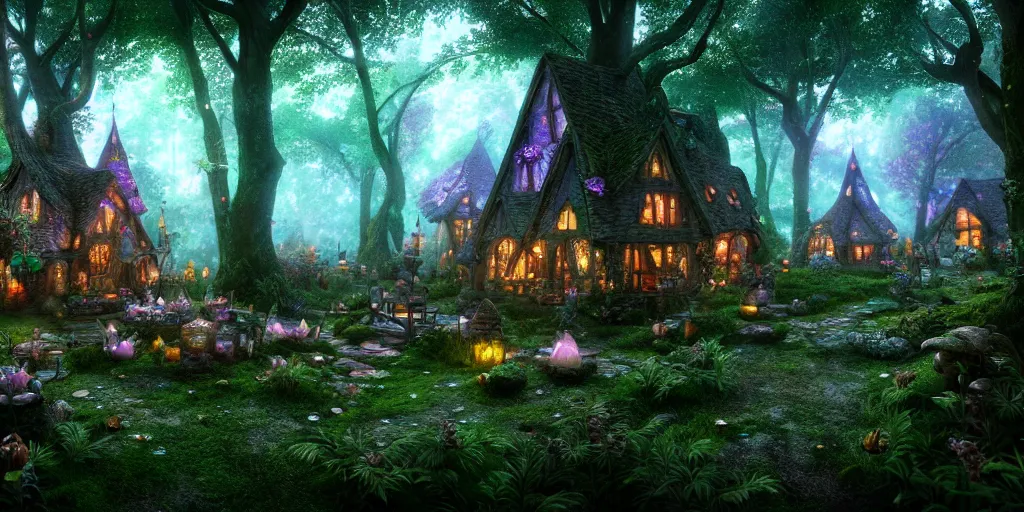 Image similar to inside an ethereal magical fairy village, highly detailed, 8 k, hdr, award - winning, octane render, artstation