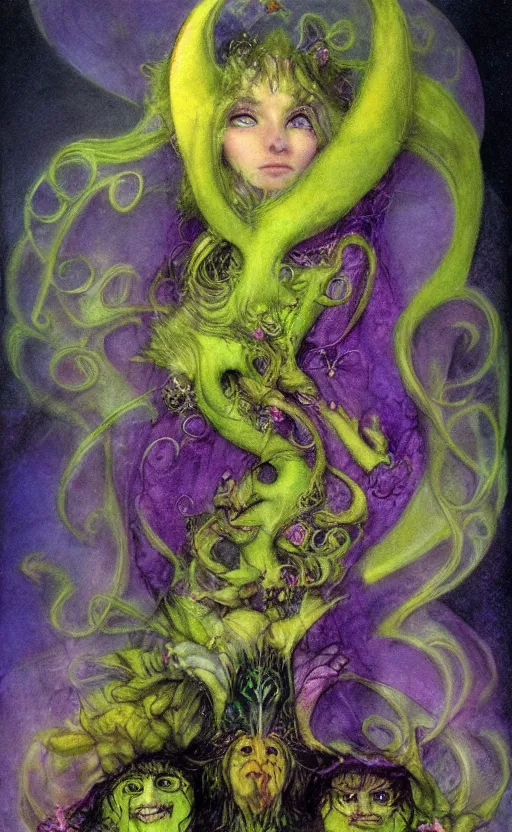 Prompt: portrait of princess of the dreamlands and moon beast, by brian froud, vibrant colors, yellow purple green, minimalist
