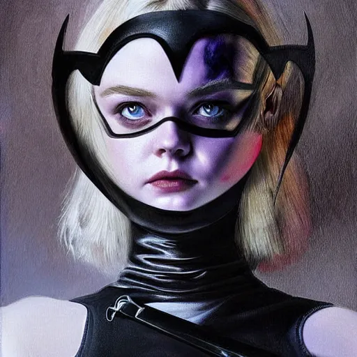 Image similar to a striking hyper real painting of Elle Fanning as batgirl, dark, metal, occult, by Edward Hughes