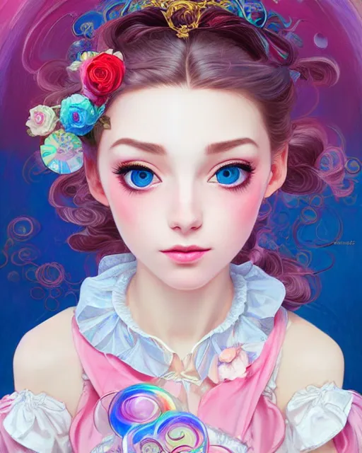 Image similar to portrait of magical lolita girl, dreamy and ethereal, expressive pose, big blue eyes, exciting expression, fantasy, intricate, elegant, many rainbow bubbles, rose tones, highly detailed, digital painting, artstation, concept art, cyberpunk wearing, smooth, sharp focus, illustration, art by artgerm and greg rutkowskiand alphonse mucha