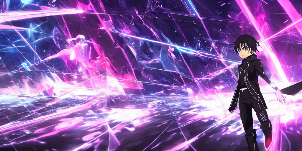 Image similar to Kirito in the metaverse, anime, hyperwave vibes, hexagonal gridspace going into the distance, quantum wavetracing