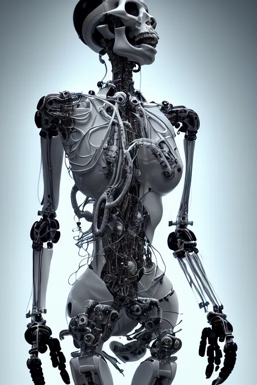 Prompt: a robot holding a human skull on its hand, perfect symmetrical body, full body shot, inflateble shapes, wires, tubes, veins, white biomechanical, wearing epic bionic cybor implants, masterpiece, intricate, biopunk vogue, highly detailed, artstation, concept art, cyberpunk, octane render