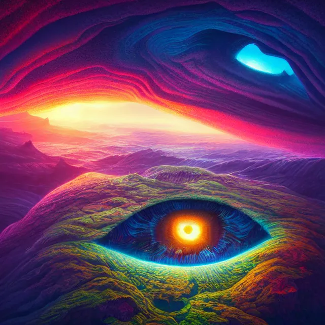 Image similar to fantasy aerial iceland landscape in the form of the human eye, volumetric lighting, colorful, sharp and focus, ultra detailed, beautifully lit landscape, astrophotography, in the art style of dan mumford and marc simonetti