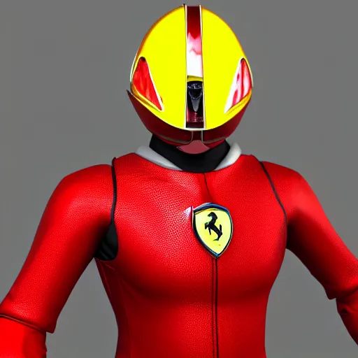 Image similar to Tokusatsu character based on Ferrari, red mechanical skinny body, chest plate with Ferrari logo, stylized motorcycle helmet, full body, unreal engine, 3D model