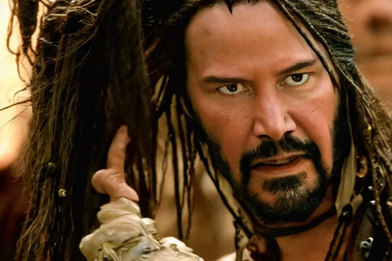 Prompt: promotional image of Keanu Reeves as a pirate in Pirates of the Caribbean: The Curse of the Black Pearl (2003 film), detailed face, movie still, promotional image, imax 70 mm footage