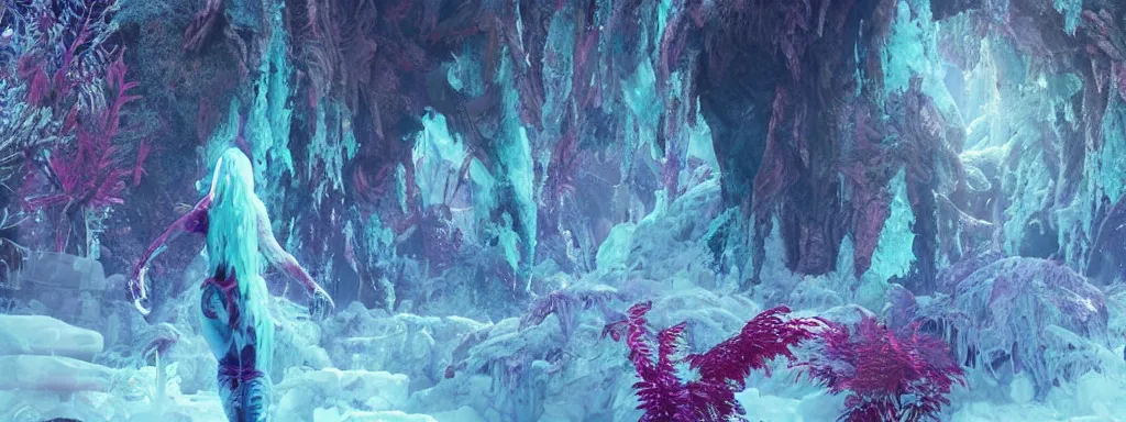 Prompt: large glowing woman made of ice, walking in a dense alien snow covered frosty jungle, with snow covered colourful red, blue and purple plants, large vines, snow covered arched organic rock structures, in the style of monster hunter world, like concept art on artstation, hyperdetailed, vray render, octane render,