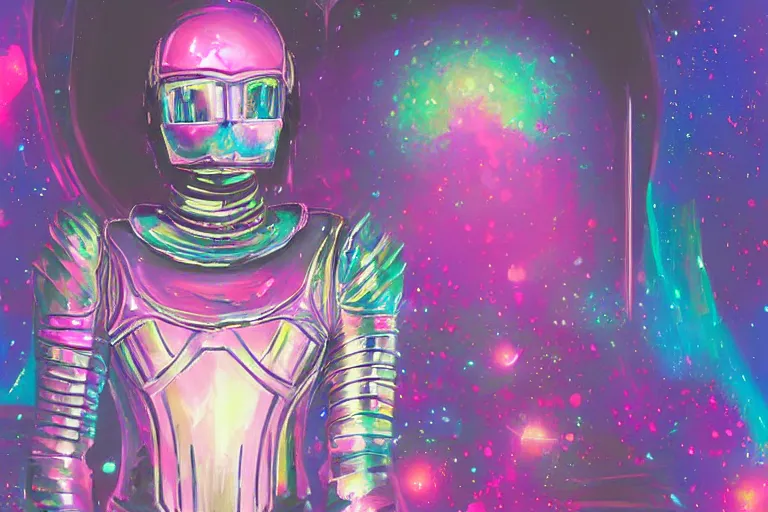 Image similar to digital art of a beautiful princess wearing suit of armor looking up at the stars, acrylic art, universe, painting, pastel colors, synthwave, retro, cyberpunk,