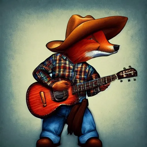 Image similar to a fox animal, wearing cowboy hat, wearing plaid shirt, playing guitar, in barn, album cover style, artstation