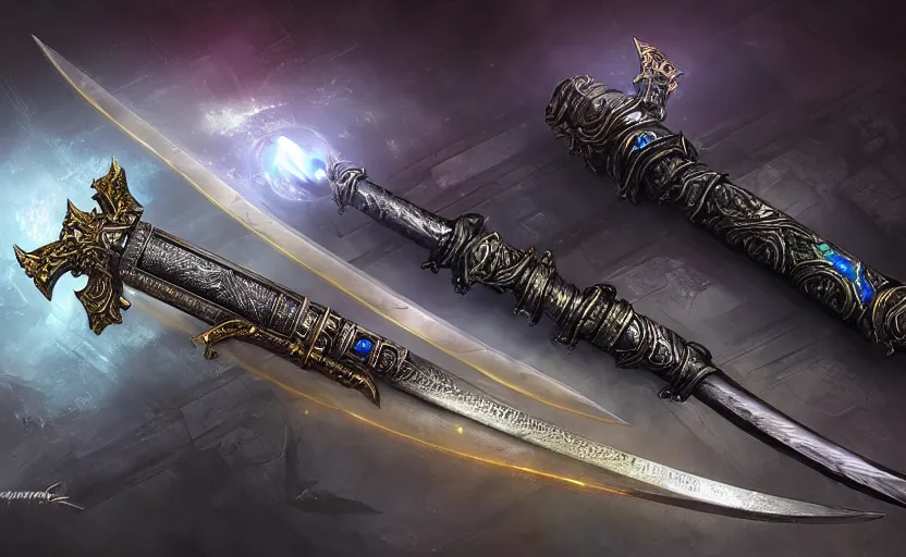 Image similar to legendary sword of cybernetic technology lying flat on a glowing table, digital award winning hd matte painting, intimate dark moody, intricate, long sharp black and iridescent blade, ornate spikes, colorful hilt, detailed realistic, raytraced blade, colored gems, golden pommel, in the style of greg rutkowski and krenz cushart, deviantart
