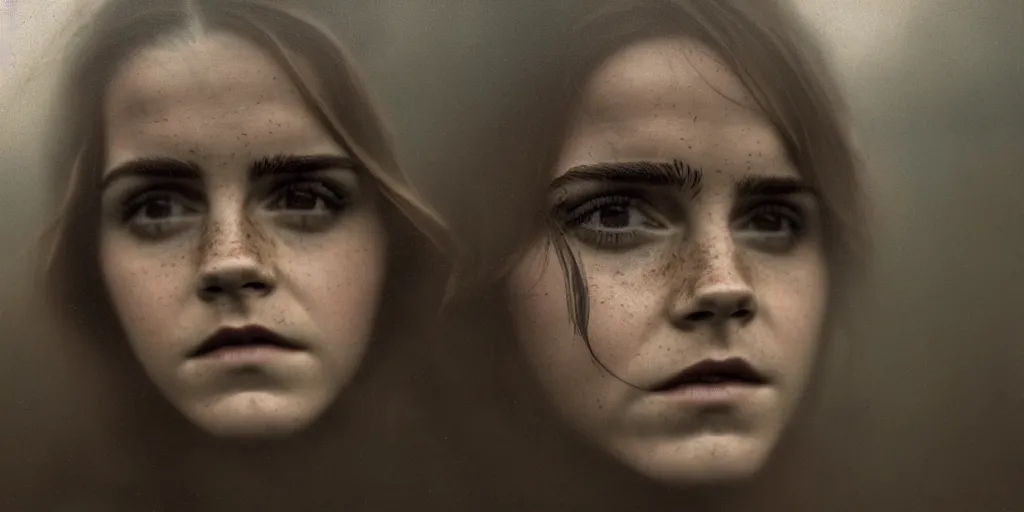 Image similar to portrait bust of emma watson, solemn expression, faded color film, russian cinema, tarkovsky, kodachrome, old cabin, next to window, heavy forest outside, long brown hair, old clothing, heavy fog, hudson river school, 4 k, dramatic lighting, greg rutkowski